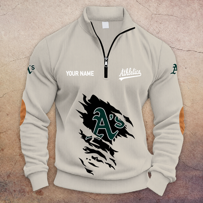 [FLASH SALE] NEW CUSTOMIZED MLB23 OAS OAKLAND ATHLETICS MULTICOLOR STRIPED QUATER ZIP SWEATSHIRT