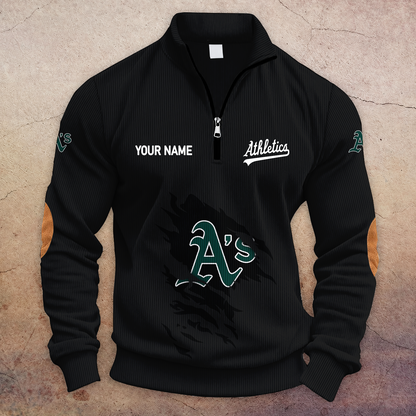 [FLASH SALE] NEW CUSTOMIZED MLB23 OAS OAKLAND ATHLETICS MULTICOLOR STRIPED QUATER ZIP SWEATSHIRT