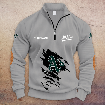 [FLASH SALE] NEW CUSTOMIZED MLB23 OAS OAKLAND ATHLETICS MULTICOLOR STRIPED QUATER ZIP SWEATSHIRT