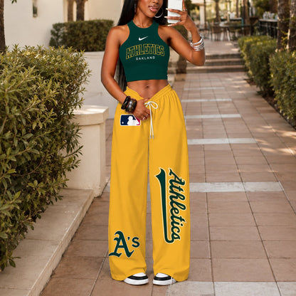 [FLASH SALE] NEW CUSTOMIZED MLB23 OAS OAKLAND ATHLETICS WOMEN'S CROP TOP & LONGPANTS SET
