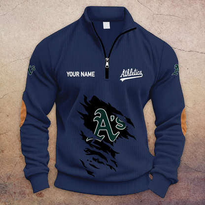 [FLASH SALE] NEW CUSTOMIZED MLB23 OAS OAKLAND ATHLETICS MULTICOLOR STRIPED QUATER ZIP SWEATSHIRT
