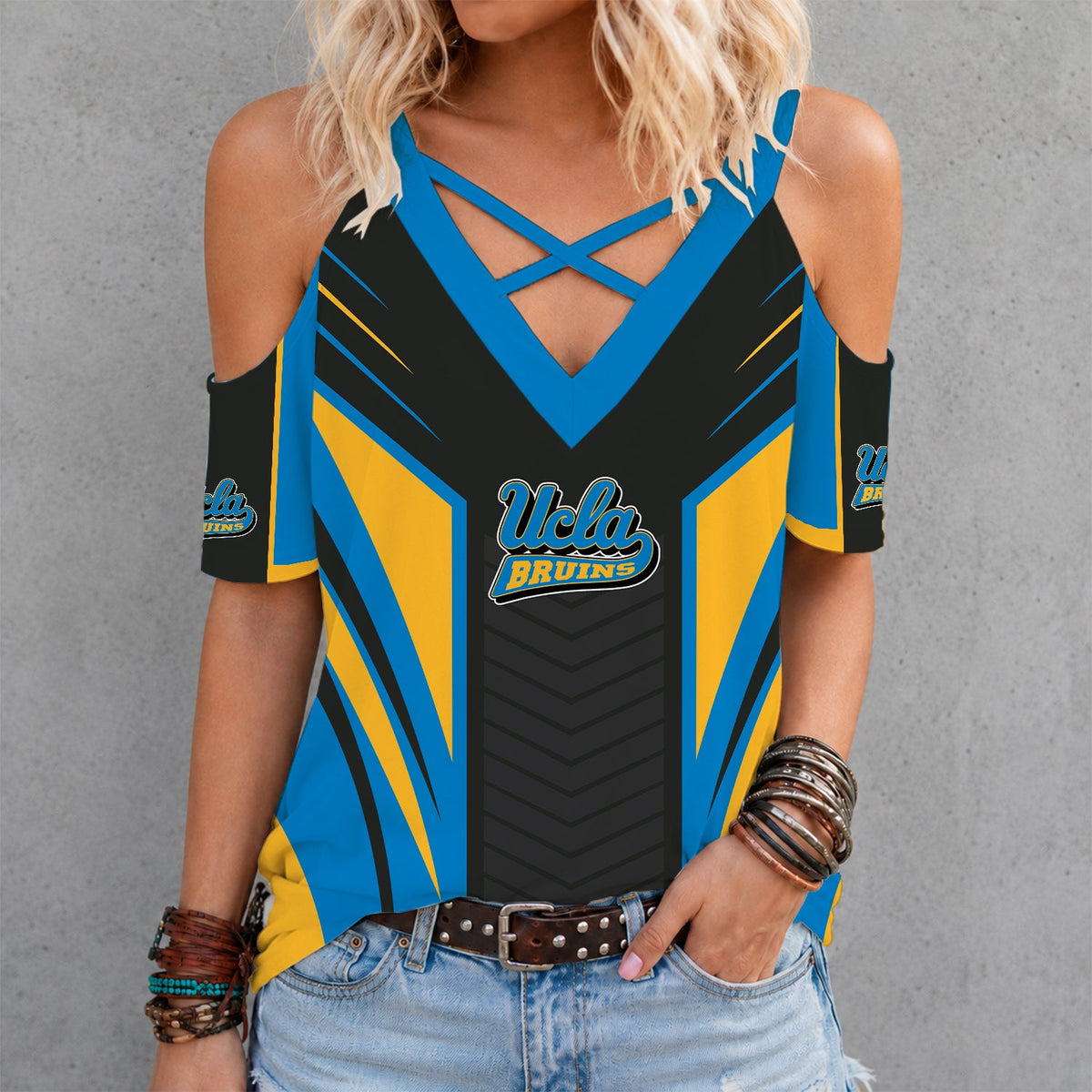 [FAN FAVORITE] NEW CUSTOMIZED NCAA CWS24 UCB UCLA BRUINS CRISS CROSS V-NECK TOP