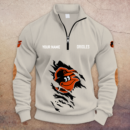 [FLASH SALE] NEW CUSTOMIZED MLB25 BOS BALTIMORE ORIOLES MULTICOLOR STRIPED QUATER ZIP SWEATSHIRT