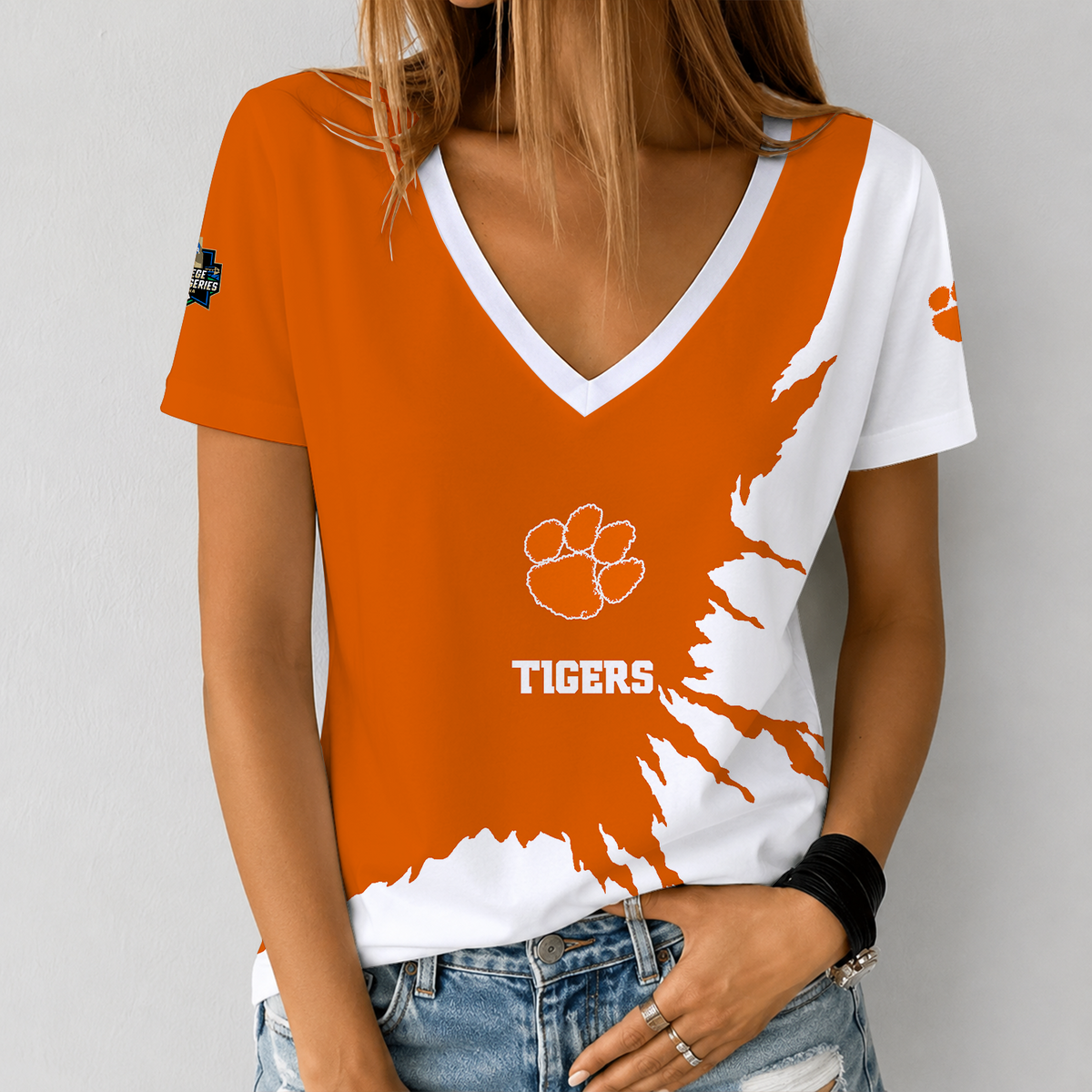 [FAN FAVORITE] NEW CUSTOMIZED NCAA CWS25 CST CLEMSON TIGERS V-NECK FEMALE SHIRT