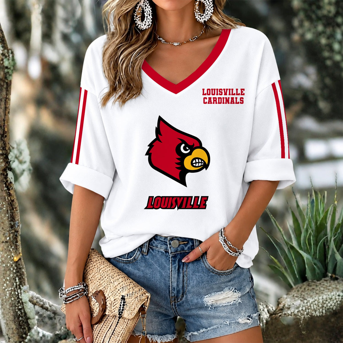 [FAN FAVORITE] NEW CUSTOMIZED NCAA CWS26 ULC LOUISVILLE CARDINALS WOMEN'S V-NECK LONG SLEEVE SHIRT