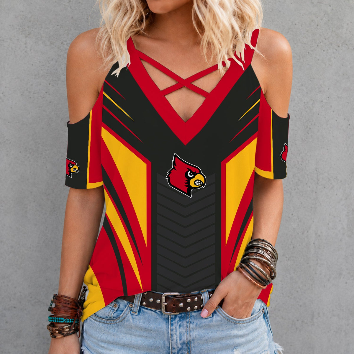 [FAN FAVORITE] NEW CUSTOMIZED NCAA CWS26 ULC LOUISVILLE CARDINALS CRISS CROSS V-NECK TOP
