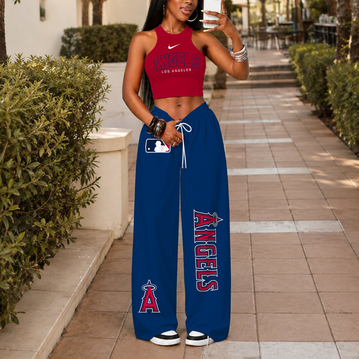 [FLASH SALE] NEW CUSTOMIZED MLB27 LAA LOS ANGELES ANGELS WOMEN'S CROP TOP & LONGPANTS SET