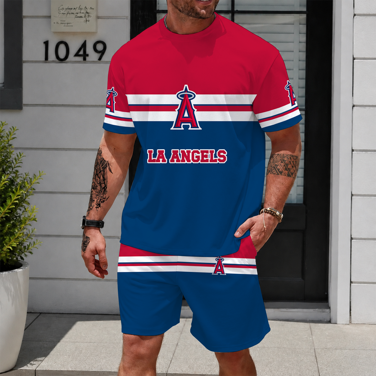 [FLASH SALE] NEW CUSTOMIZED MLB27 LAA LOS ANGELES ANGELS UNISEX T-SHIRT & SHORTS SET