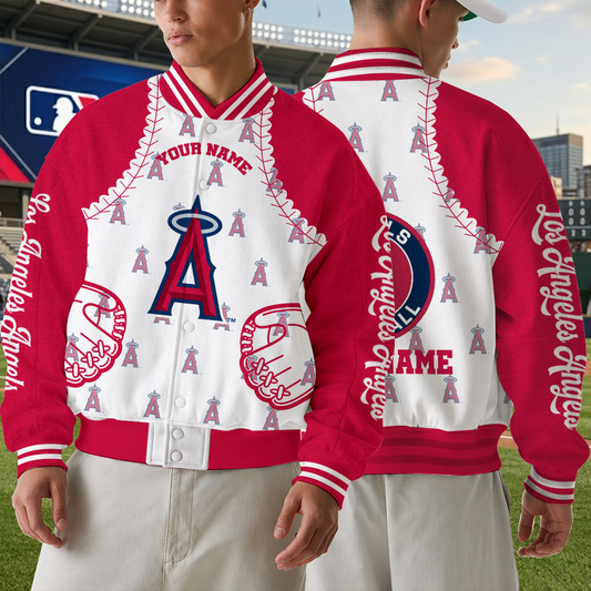 [FLASH SALE] NEW CUSTOMIZED MLB27 LAA LOS ANGELES ANGELS SATIN VARSITY & BASEBALL JACKET