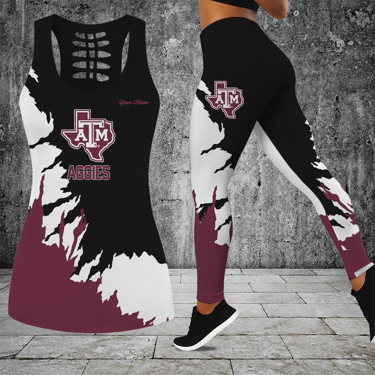 [FAN FAVORITE] NEW CUSTOMIZED NCAA CWS27 TAA TEXAS A&M AGGIES HOLLOW TANK TOP & LEGGINGS SET