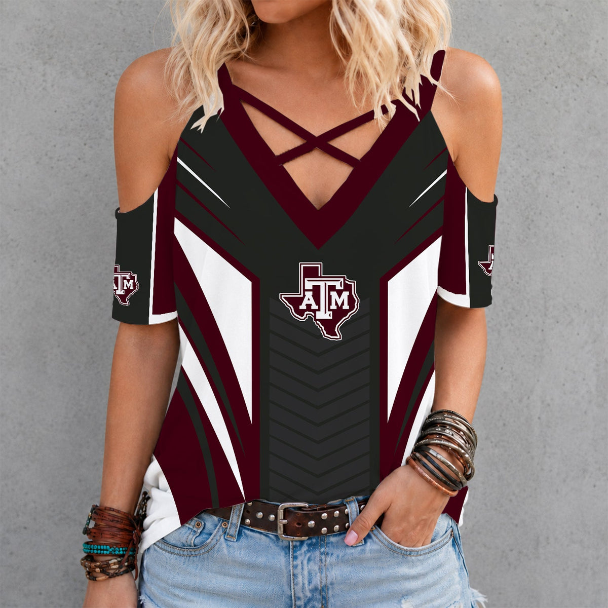 [FAN FAVORITE] NEW CUSTOMIZED NCAA CWS27 TAA TEXAS A&M AGGIES CRISS CROSS V-NECK TOP