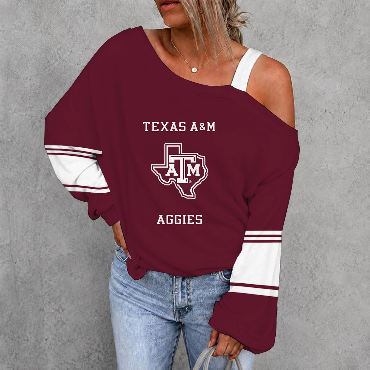 [FAN FAVORITE] NEW CUSTOMIZED NCAA CWS27 TAA TEXAS A&M AGGIES WOMEN'S OFF-SHOULDER LONG SLEEVE SHIRT