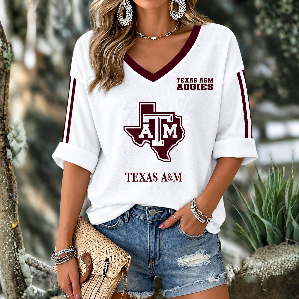 [FAN FAVORITE] NEW CUSTOMIZED NCAA CWS27 TAA TEXAS A&M AGGIES WOMEN'S V-NECK LONG SLEEVE SHIRT