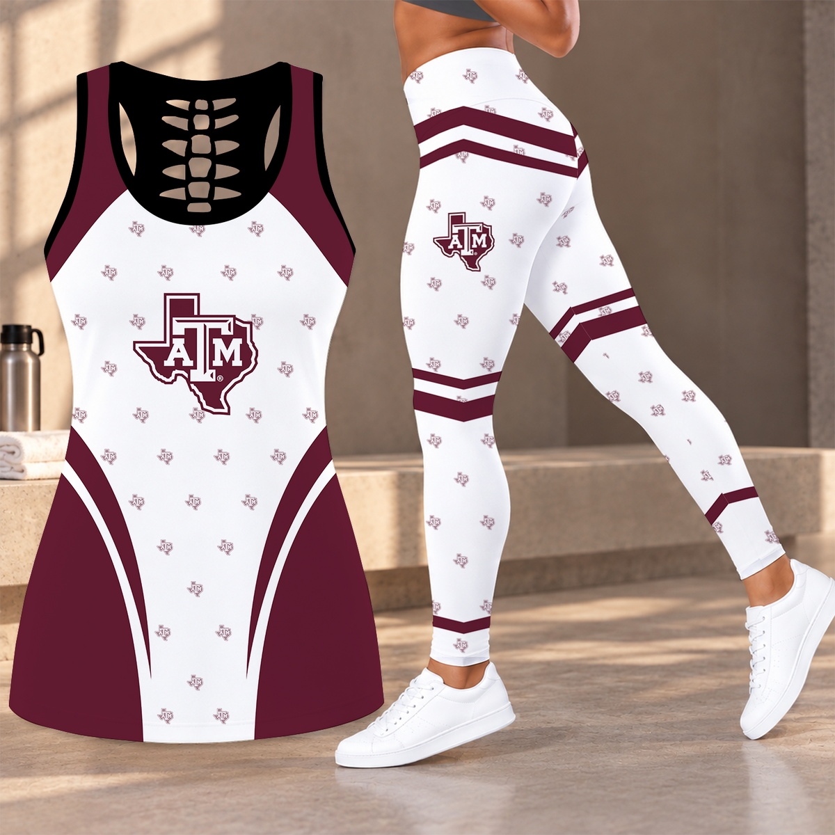 [FAN FAVORITE] NEW CUSTOMIZED NCAA CWS27 TAA TEXAS A&M AGGIES HOLLOW TANK TOP & LEGGINGS SET