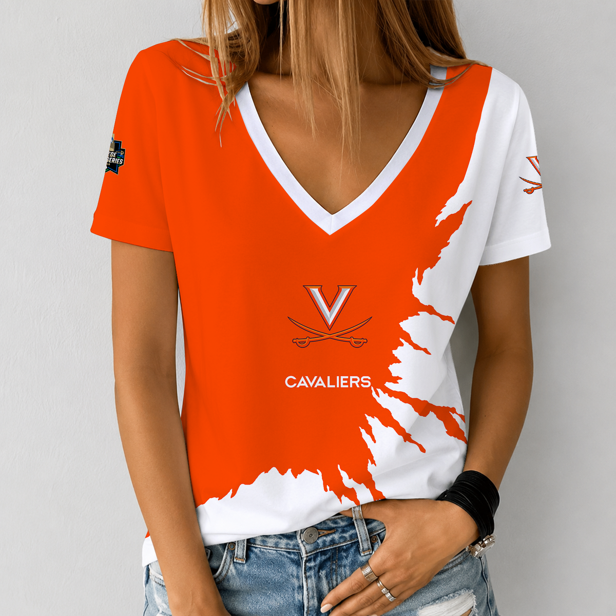 [FAN FAVORITE] NEW CUSTOMIZED NCAA CWS28 VIC VIRGINIA CAVALIERS V-NECK FEMALE SHIRT