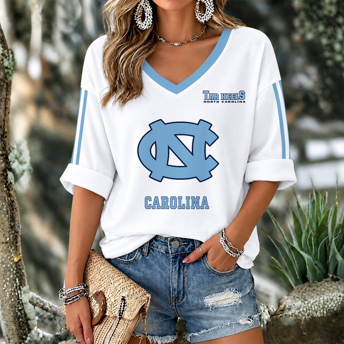 [FAN FAVORITE] NEW CUSTOMIZED NCAA CWS29 NTH NORTH CAROLINA TAR HEELS WOMEN'S V-NECK LONG SLEEVE SHIRT