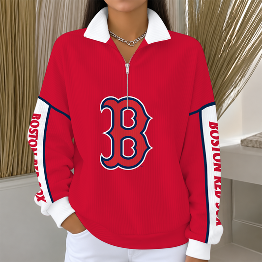 [SPECIAL OFFER] NEW CUSTOMIZED MLB03 BRS BOSTON RED SOX QUARTER ZIP RIBBED SWEATER