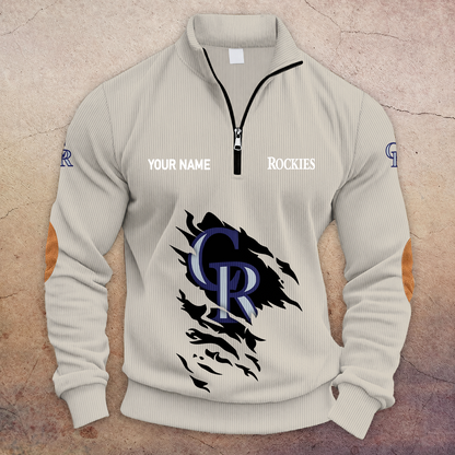 [FLASH SALE] NEW CUSTOMIZED MLB30 COR COLORADO ROCKIES MULTICOLOR STRIPED QUATER ZIP SWEATSHIRT