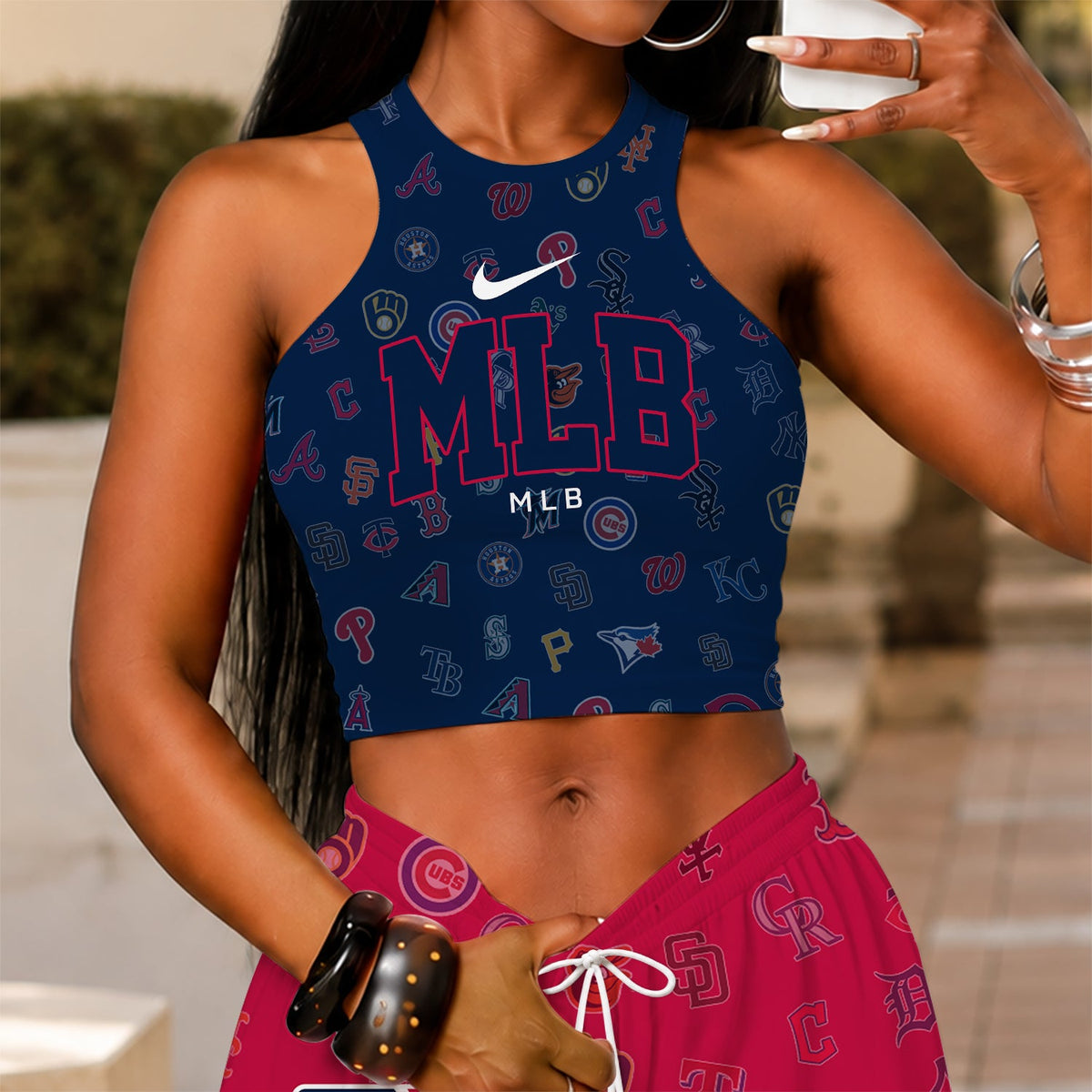 [FLASH SALE] NEW CUSTOMIZED MLB32 ALL TEAMS WOMEN'S CROP TOP & LONGPANTS SET