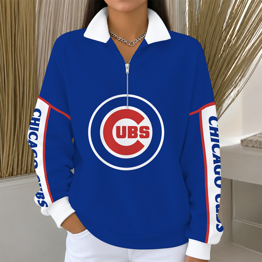 [SPECIAL OFFER] NEW CUSTOMIZED MLB04 CCS CHICAGO CUBS QUARTER ZIP RIBBED SWEATER