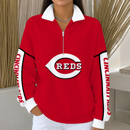 [SPECIAL OFFER] NEW CUSTOMIZED MLB05 CRS CINCINNATI REDS QUARTER ZIP RIBBED SWEATER