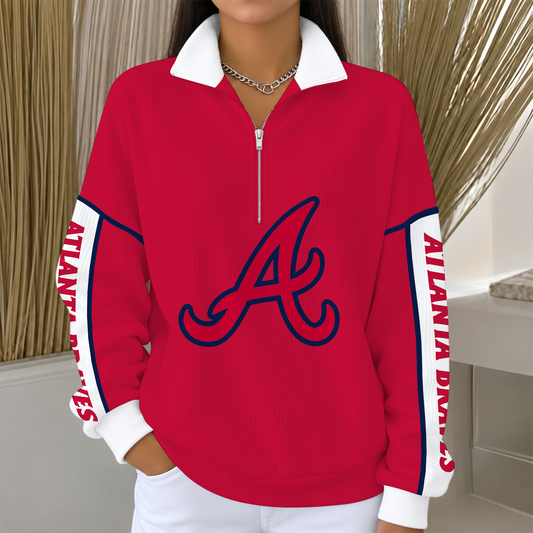 [SPECIAL OFFER] NEW CUSTOMIZED MLB09 ABS ATLANTA BRAVES QUARTER ZIP RIBBED SWEATER