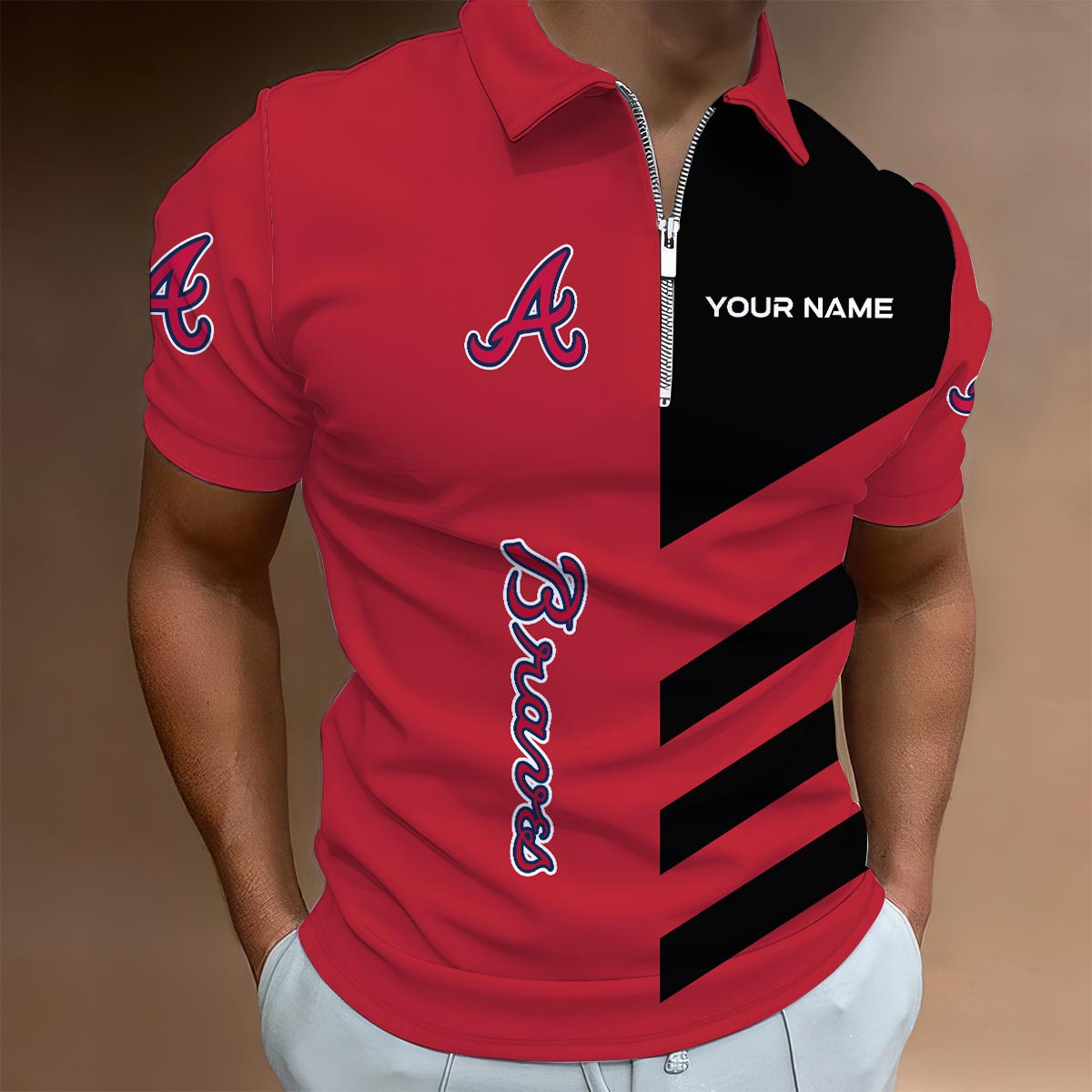 [FLASH SALE] NEW CUSTOMIZED MLB09 ABS ATLANTA BRAVES ZIP POLO SHIRT