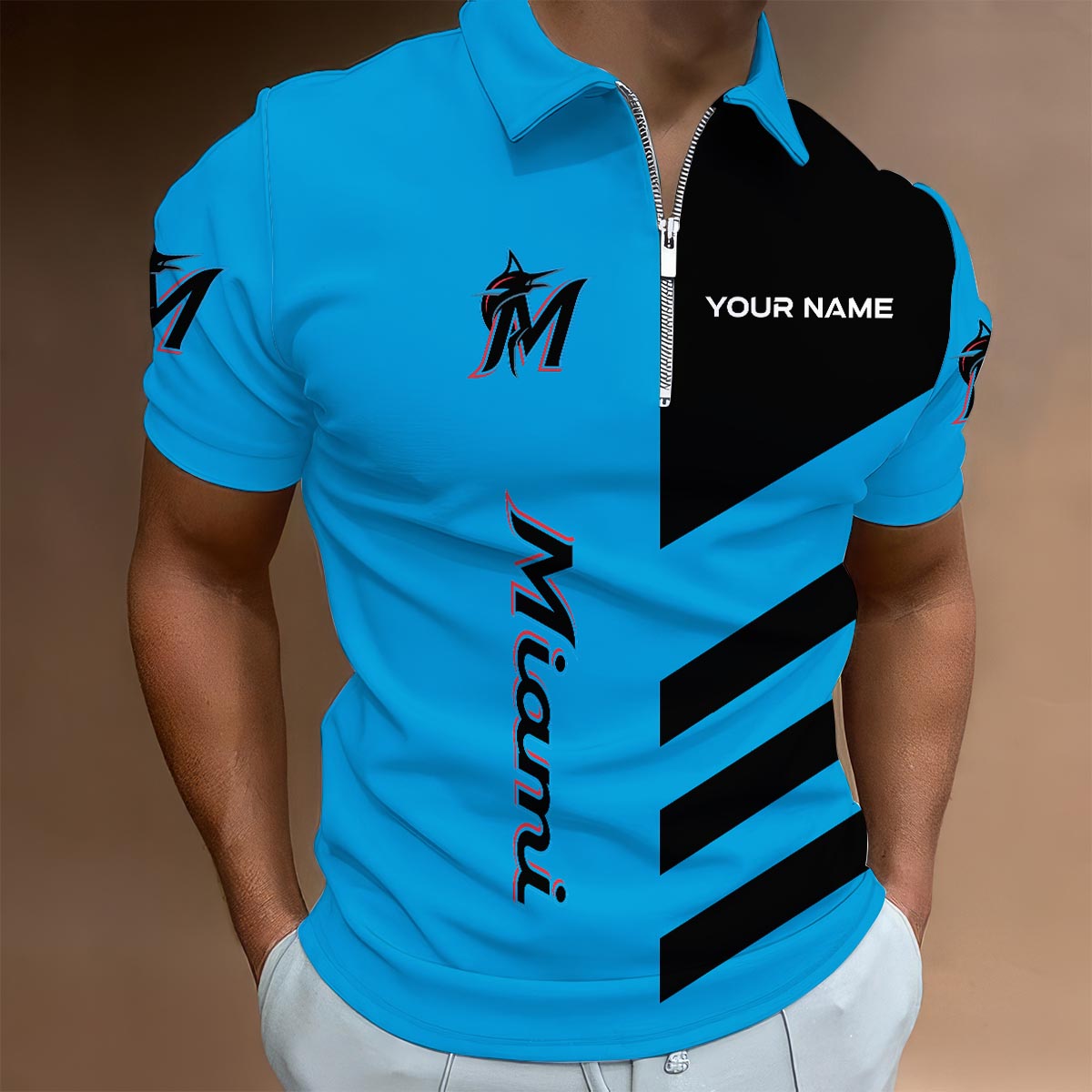[FLASH SALE] NEW CUSTOMIZED MLB20 MMS MIAMI MARLINS ZIP POLO SHIRT
