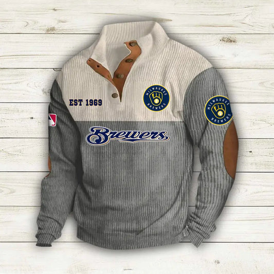 [FLASH SALE] NEW CUSTOMIZED MLB15 MBS MILWAUKEE BREWERS BUTTON SWEATSHIRTS STAND COLLAR