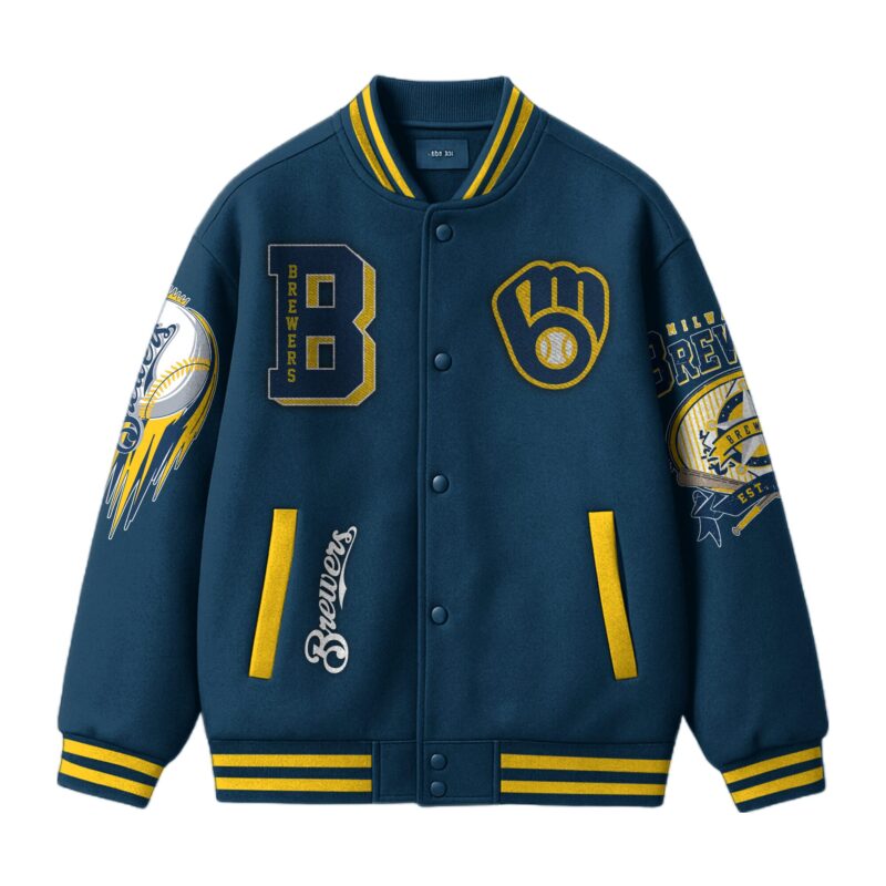 [FLASH SALE] NEW CUSTOMIZED MLB15 MW BREWERS SATIN VARSITY & BASEBALL JACKET