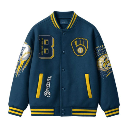 [FLASH SALE] NEW CUSTOMIZED MLB15 MW BREWERS SATIN VARSITY & BASEBALL JACKET