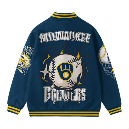 [FLASH SALE] NEW CUSTOMIZED MLB15 MW BREWERS SATIN VARSITY & BASEBALL JACKET
