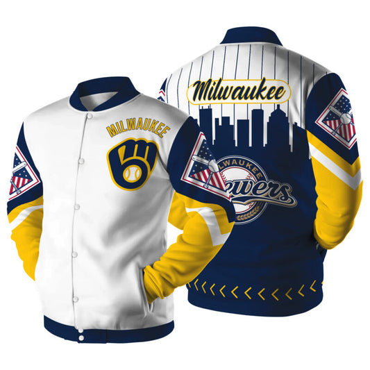 [FLASH SALE] NEW CUSTOMIZED MLB15 MW BREWERS SATIN VARSITY & BASEBALL JACKET