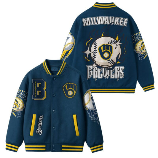 [FLASH SALE] NEW CUSTOMIZED MLB15 MW BREWERS SATIN VARSITY & BASEBALL JACKET