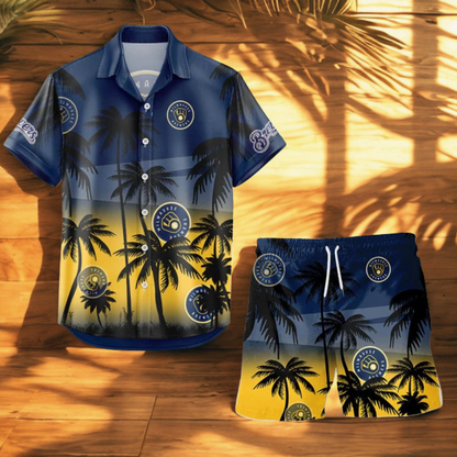 [FLASH SALE] NEW CUSTOMIZED MLB15 MBS MILWAUKEE BREWERS UNISEX HAWAIIAN SHIRT & SHORTS SET