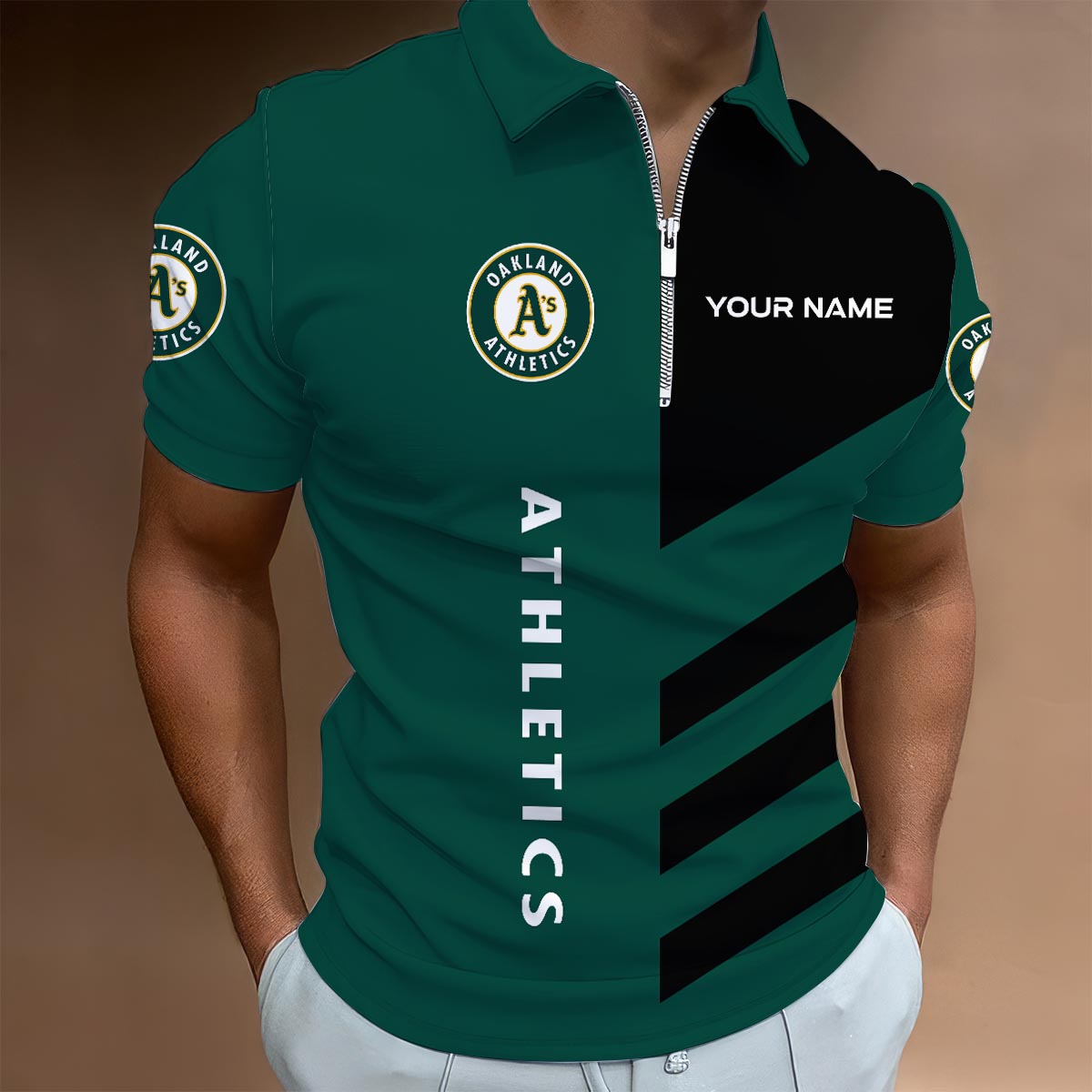 [FLASH SALE] NEW CUSTOMIZED MLB23 OAS OAKLAND ATHLETICS ZIP POLO SHIRT